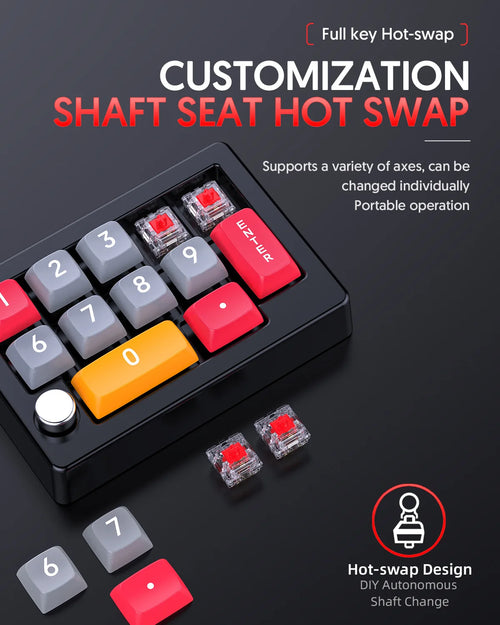 13-key programmable macro keypad with hot-swappable red switches, silver knob, and grey, red, and orange keycaps.