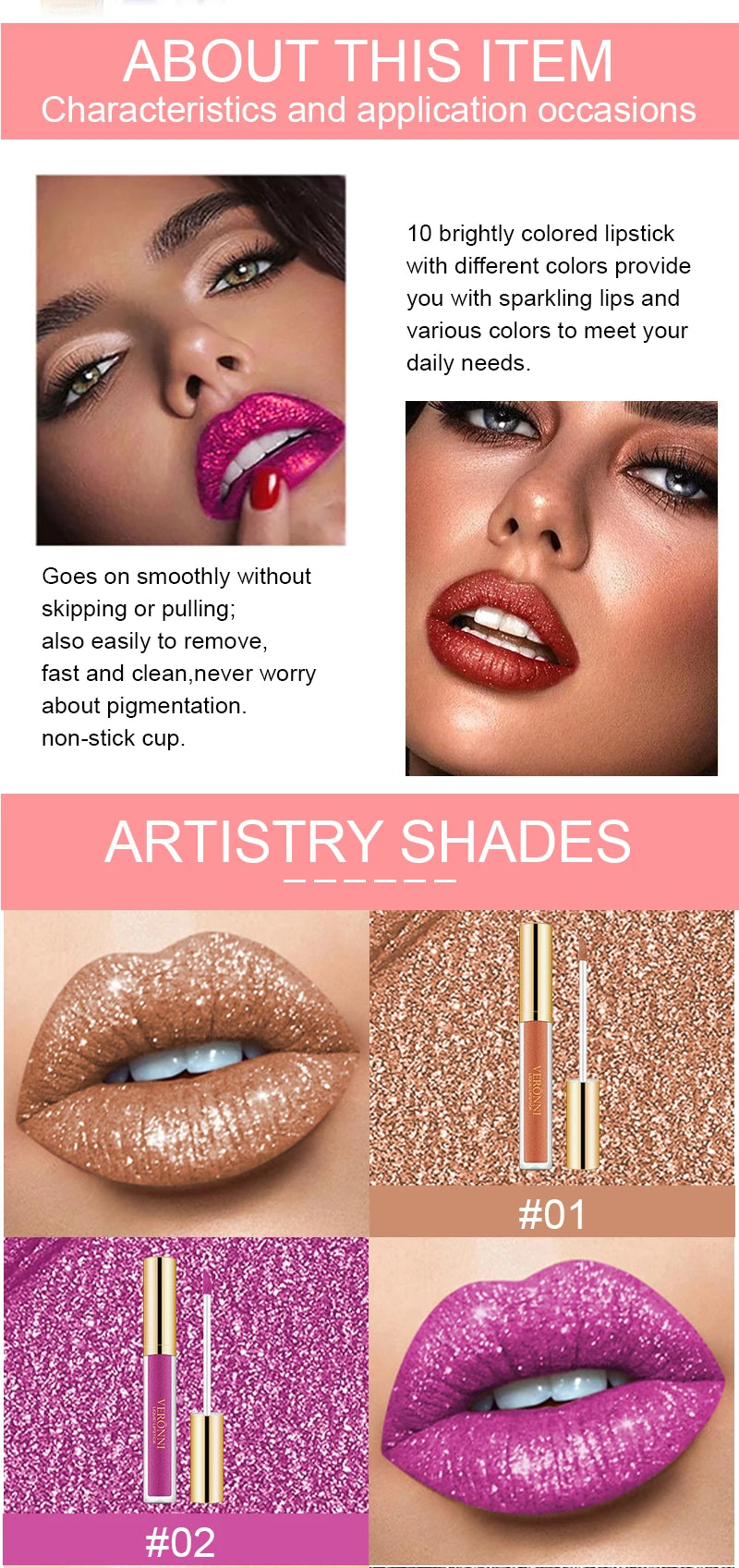 10-color diamond shimmer liquid lipstick set with waterproof, long-lasting matte glitter finish and pearl texture.