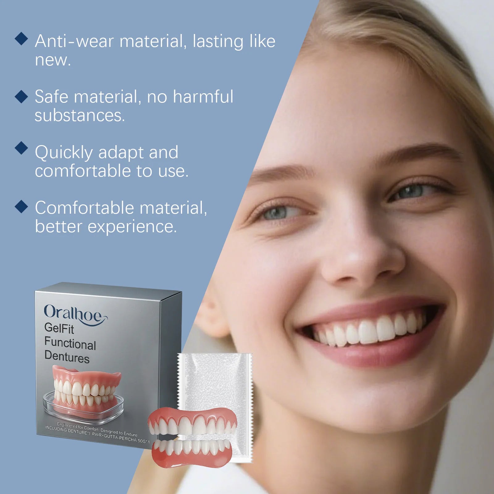 Silicone Dentures False Teeth Full Set Soft Safety Easy to Use Perfect Fit Oral Improve Tooth Loss Broken Temporary Improve