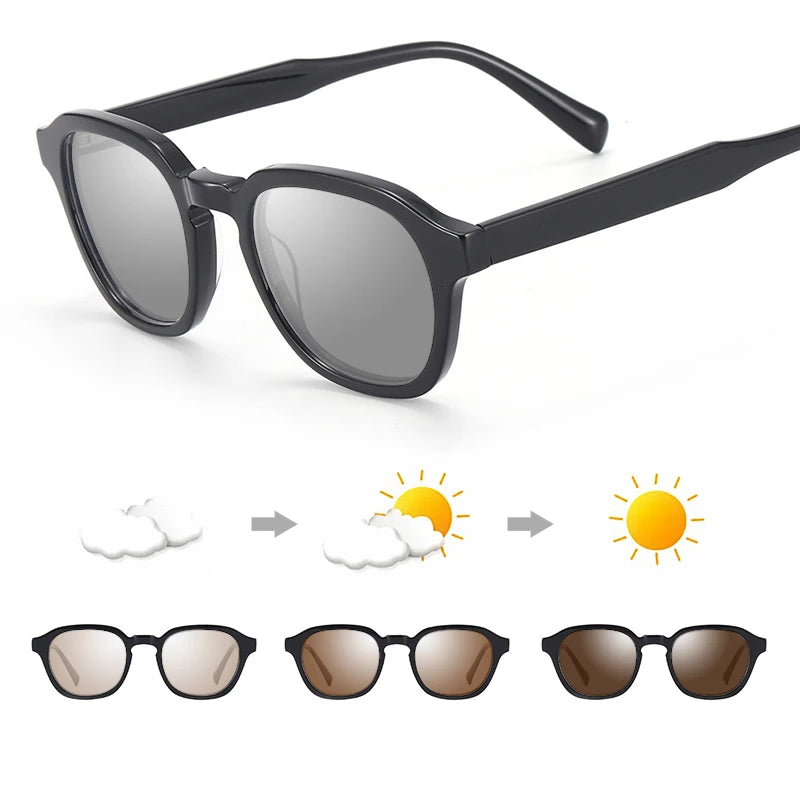 Black plastic photochromic sunglasses with round frames that darken automatically from light to dark in sunlight.