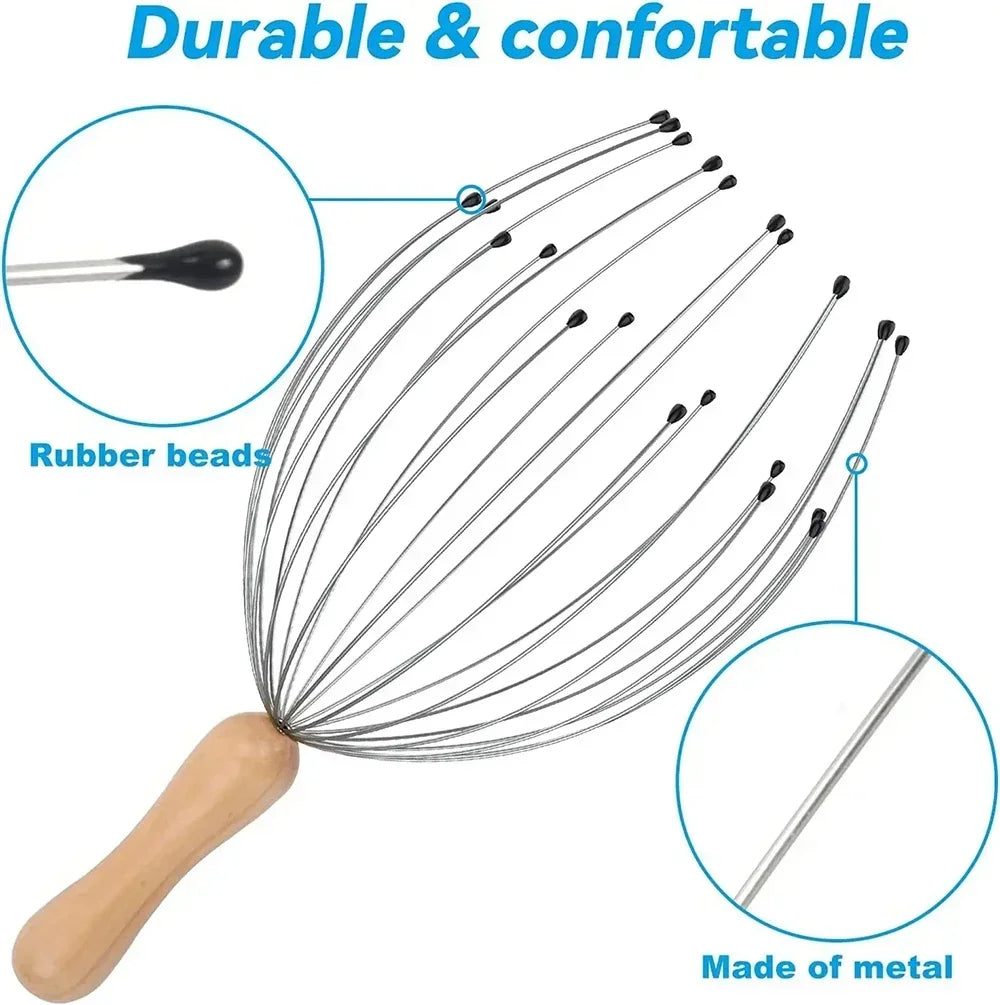 Octopus scalp massager with 24 metal fingers, rubber bead tips, and a wooden handle for relaxing head massage therapy.