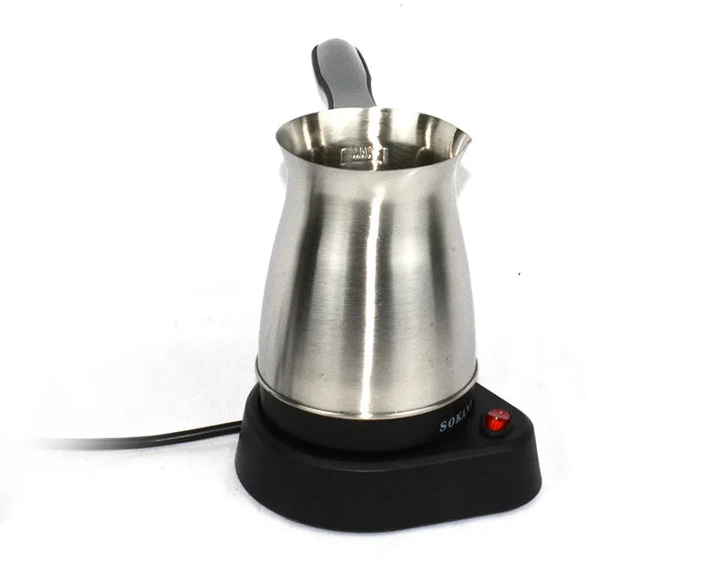 Sokany electric Turkish coffee maker in brushed stainless steel with a black base and power indicator light.