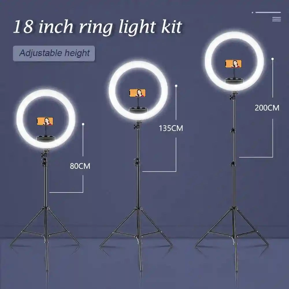 18-inch ring light kit with smartphone mount on an adjustable black tripod stand, shown at 80cm, 135cm, and 200cm.