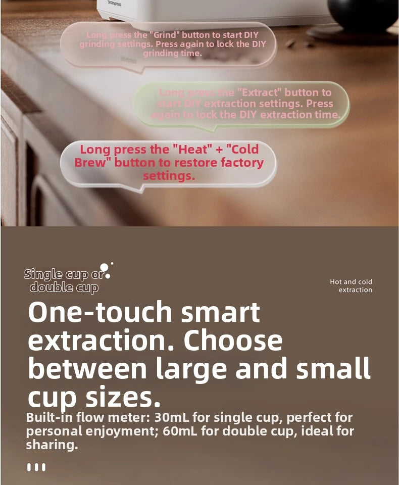 Snopresso smart coffee maker for hot and cold brew with single or double cup extraction settings and DIY controls.