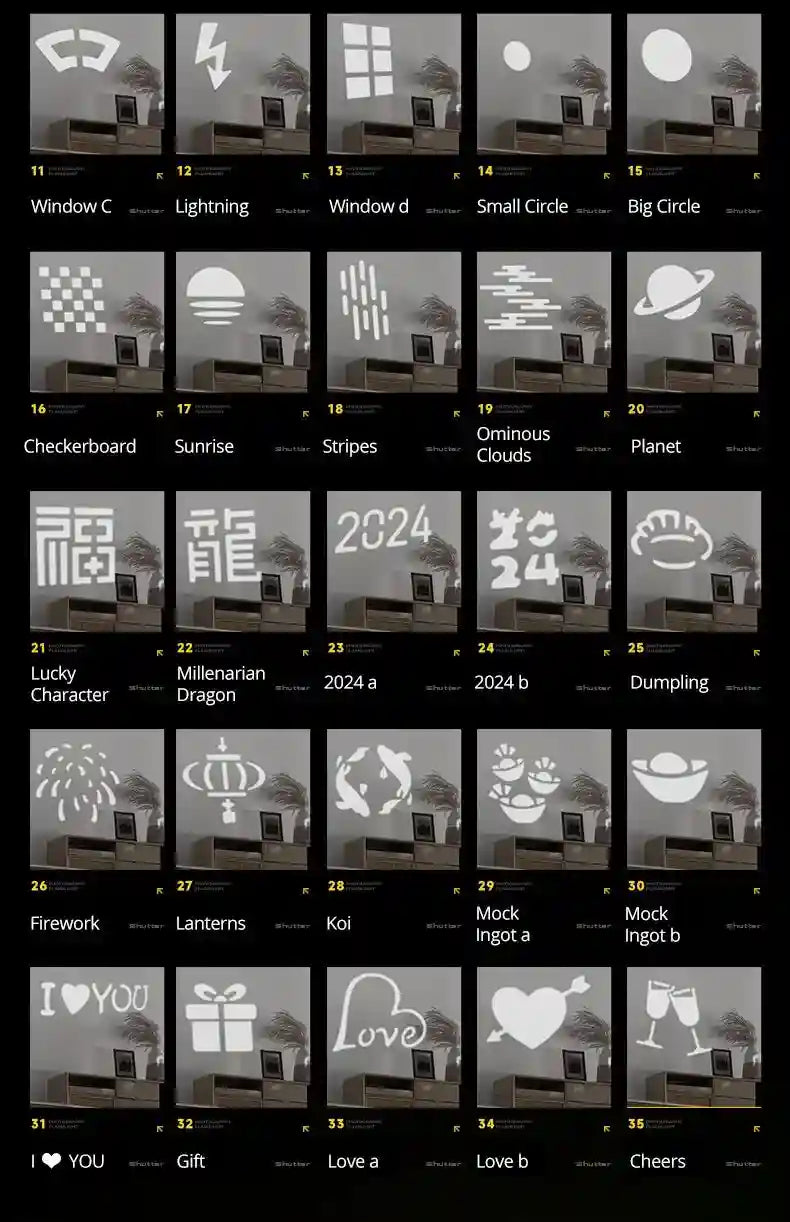 Gobos for light projection, featuring 25 white icons including shapes, text, symbols, and festive designs.
