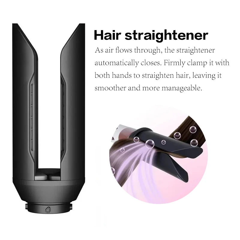 Black hair straightener attachment for 7-in-1 ionic dryer, using airflow for sleek, smooth styling.