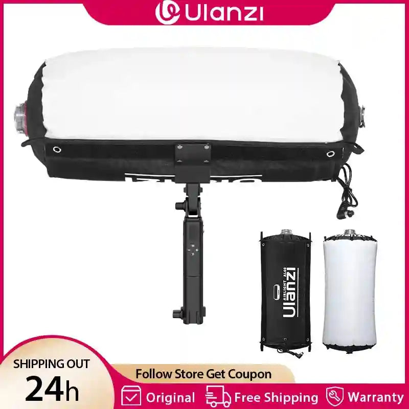 Inflatable tube LED light for photography, featuring a white diffuser and black frame, mounted on an adjustable stand.