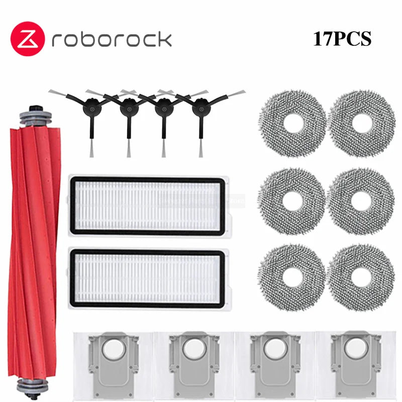 Tidesmit replacement parts kit for Roborock Q Revo series including dust bags, brushes, and filters, side view