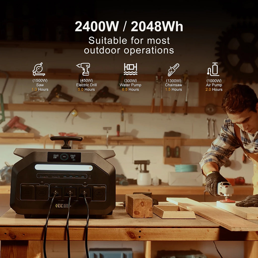 IEE P2400 2400W Portable Power Station 2048Wh LiFeP04 APP Control With Lighting Camp Solar Generator US AC Input/Output PV Inupt