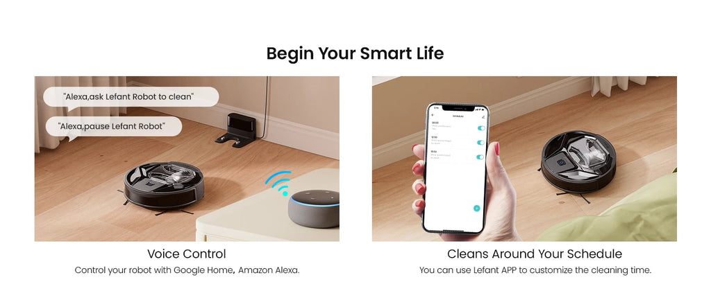 Tidesmit Lefant M320 Robot Vacuum showing 6000Pa suction and carpet detection features for efficient floor cleaning