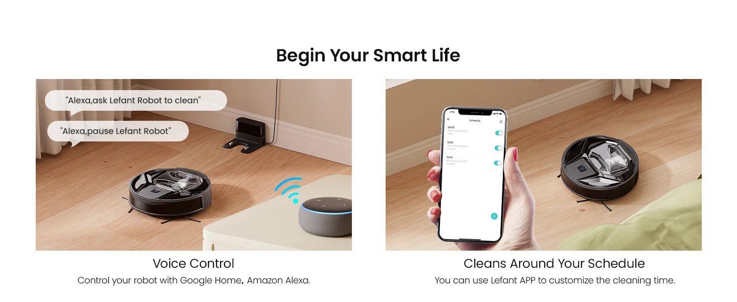 Tidesmit Lefant M320 Robot Vacuum showing 6000Pa suction and carpet detection features for efficient floor cleaning