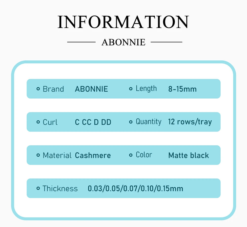 Information chart for Abonnie matte black cashmere individual eyelash extensions, featuring size, curl, and thickness.