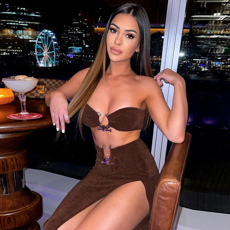 Velvet Sexy Strapless Crop Tube Top High Waist Slit Maxi Dress 2 Pcs Suits 2024 Fall Women Fashion Streetwear Vestido