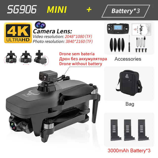 4K GPS Drone with Obstacle Avoidance | Foldable 3-Axis Stabilized Quadcopter MINI 3-Axis 3Battery Tidesmit