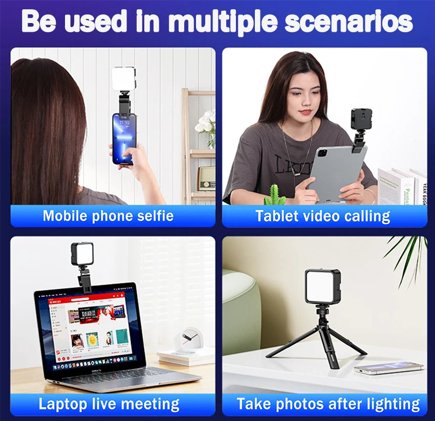 Small black square LED light with clip and tripod for phone, tablet, or laptop video calls and photography.