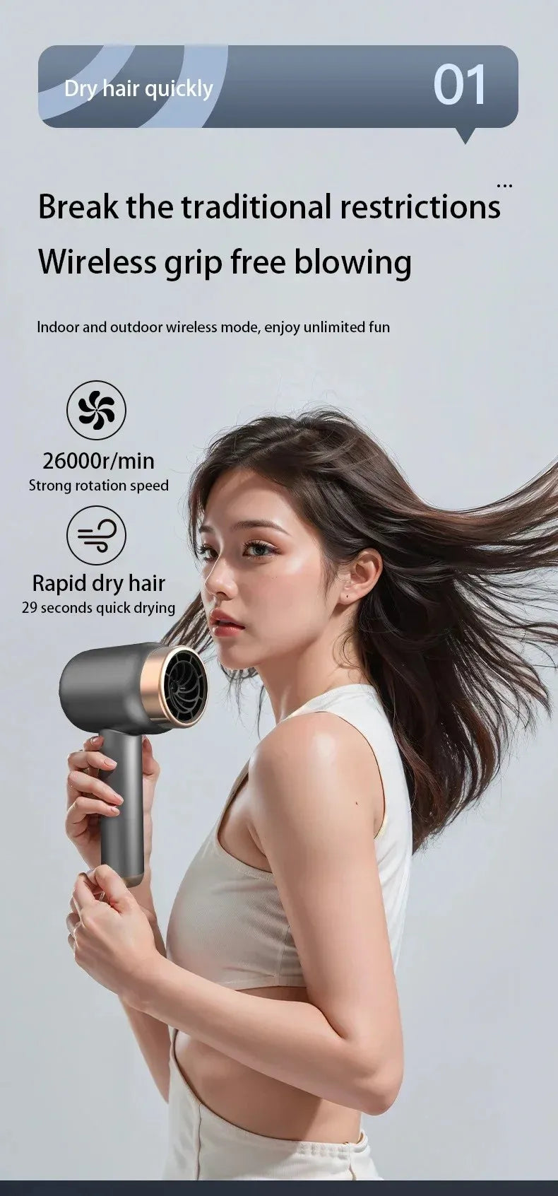 Woman using a cordless, grey and gold portable USB rechargeable hair dryer for fast drying.