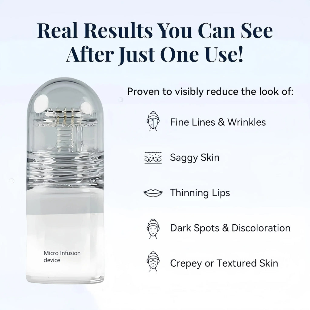 Clear micro-infusion device next to a list of skin benefits including wrinkle and dark spot reduction.
