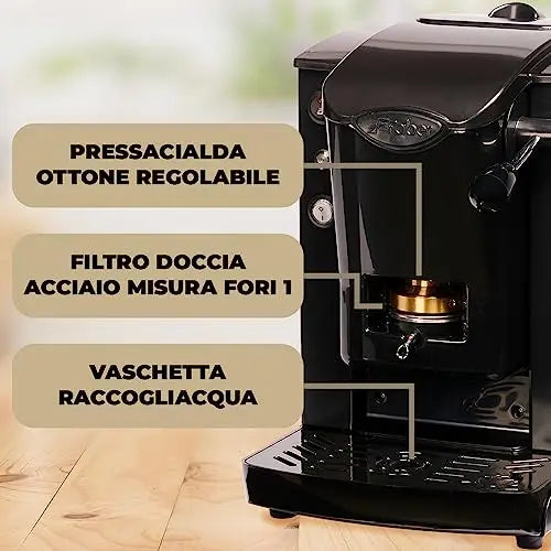 Black Faber coffee pod machine featuring adjustable brass press, steel shower filter, and drip tray for home use.