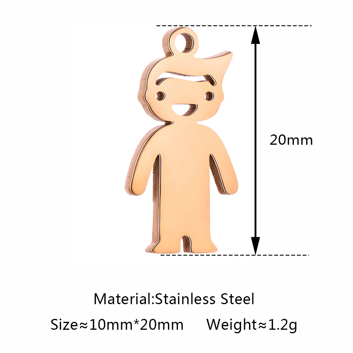 Gold stainless steel boy shape pendant charm for DIY jewelry making, 20mm height, perfect for necklaces and bracelets.