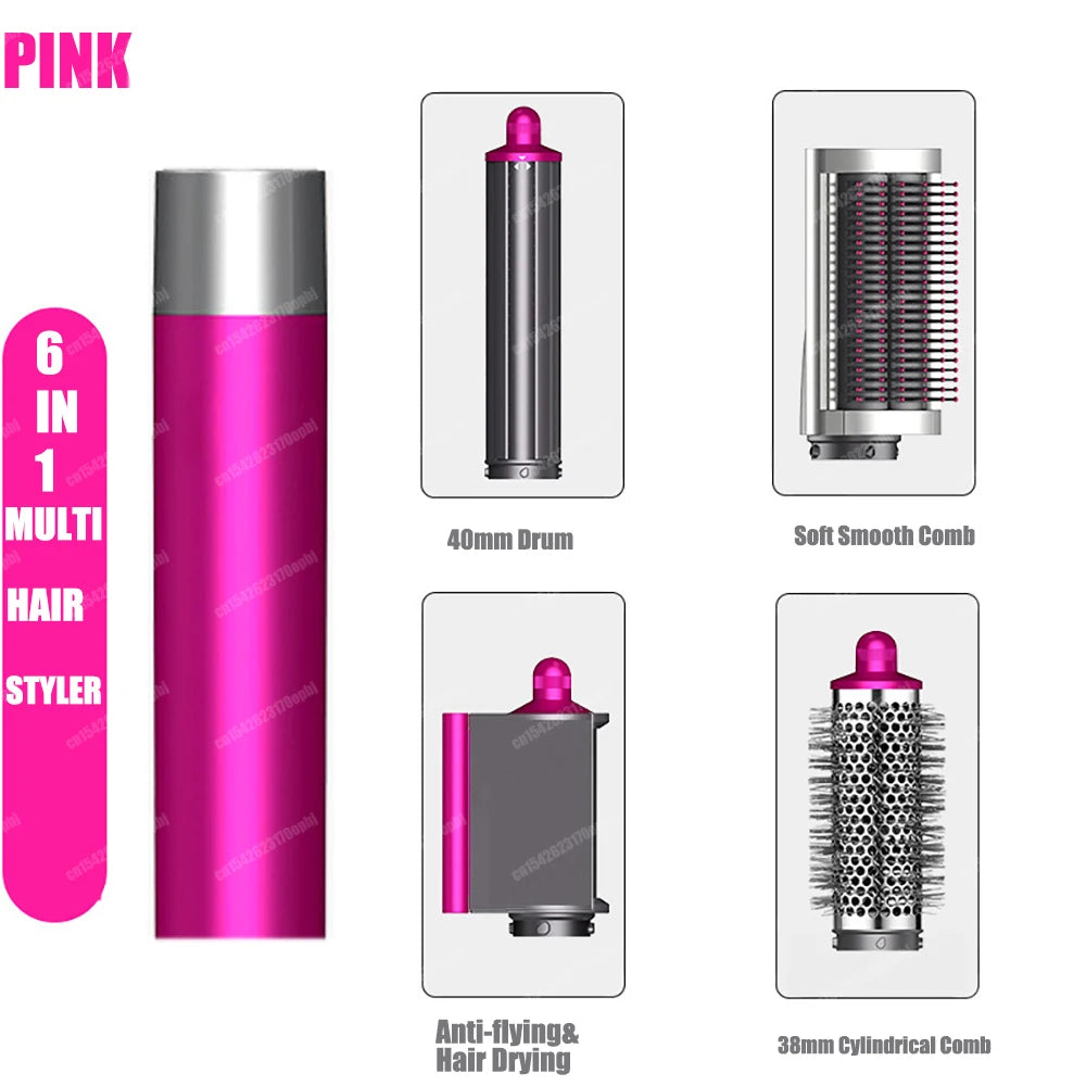 Pink 6-in-1 hair styler with auto curler, dryer attachment, soft smooth comb, and 38mm cylindrical curling brush.