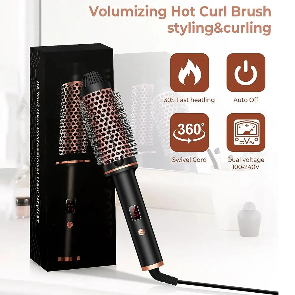TINSOL 3-in-1 rose gold ionic hot air brush and curling wand with LCD display, swivel cord, and fast-heat technology.