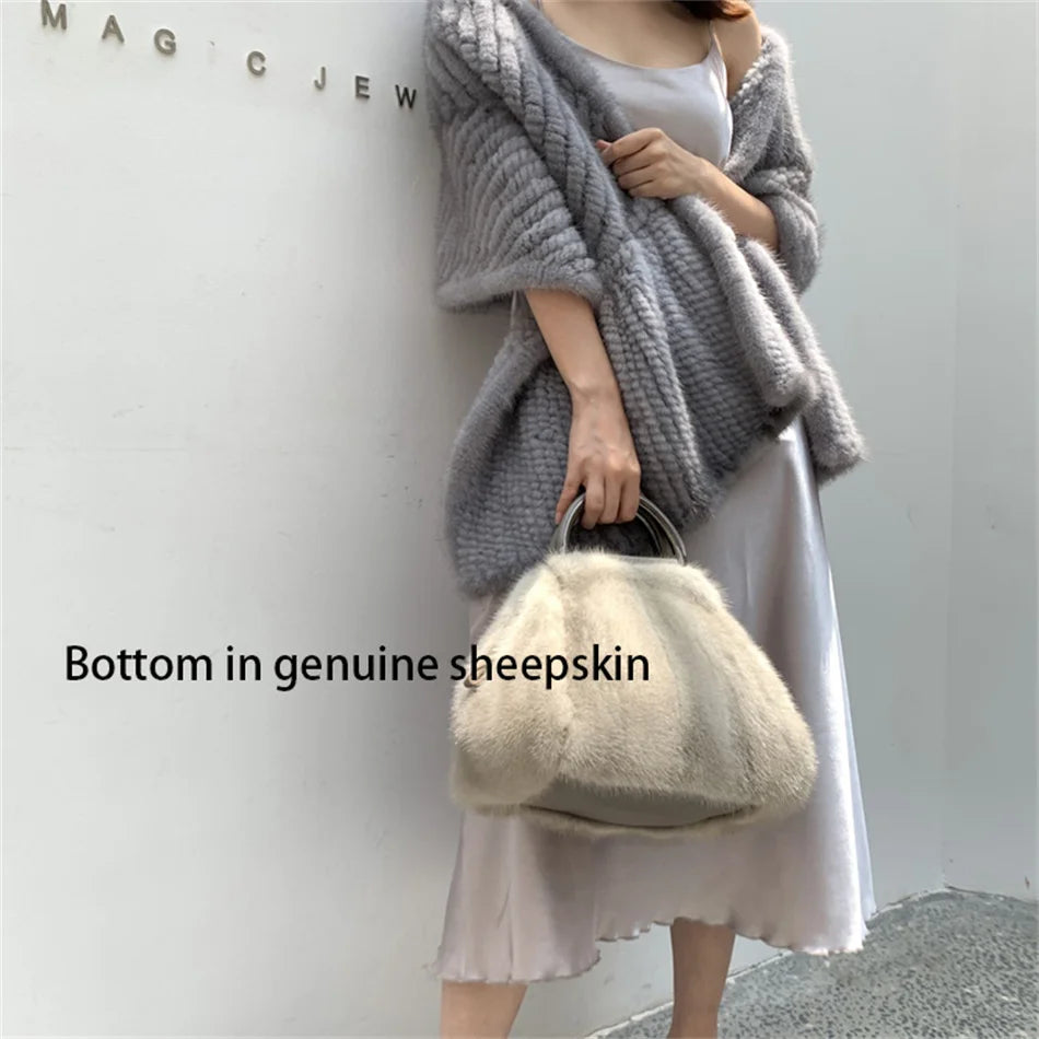 Women's Mink Fur Handbag 2026 New Fashion Designer Fluffy Fur Wrist Bag Large Capacity Soft Shopping Bag Girl Cute Handbag