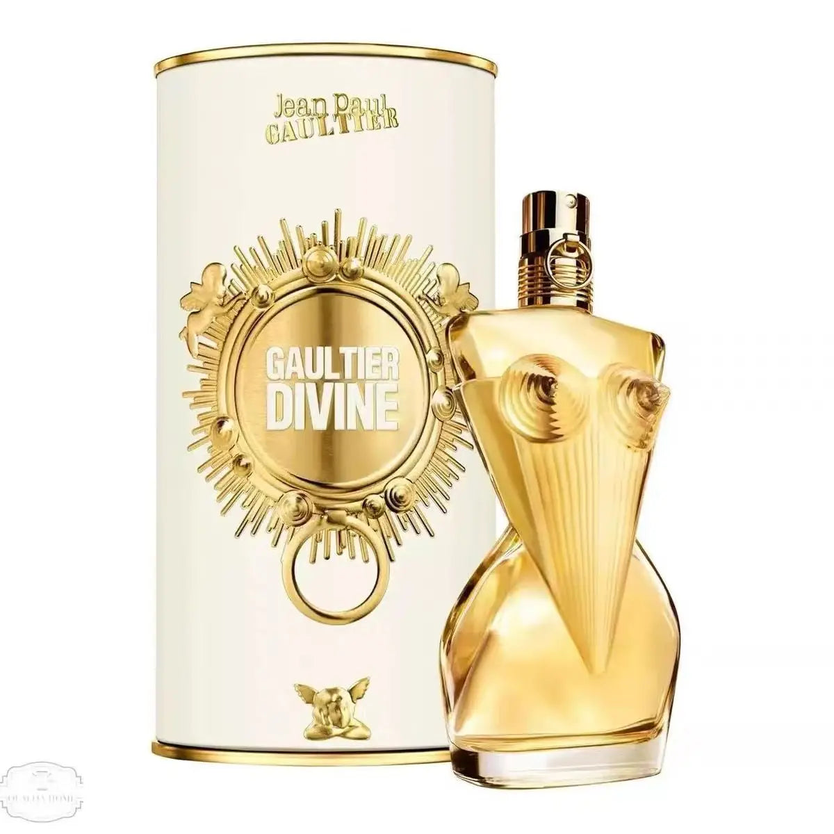 Gaultier Divine perfume in a gold, conical, corset-shaped glass bottle next to a cylindrical white and gold gift tin.