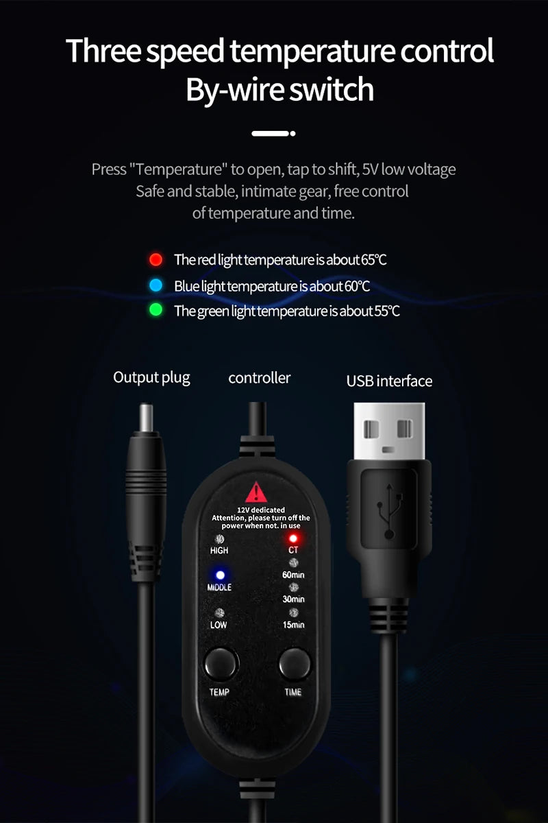 Black wired controller for a heating mask featuring temperature and time settings with USB and output plugs.