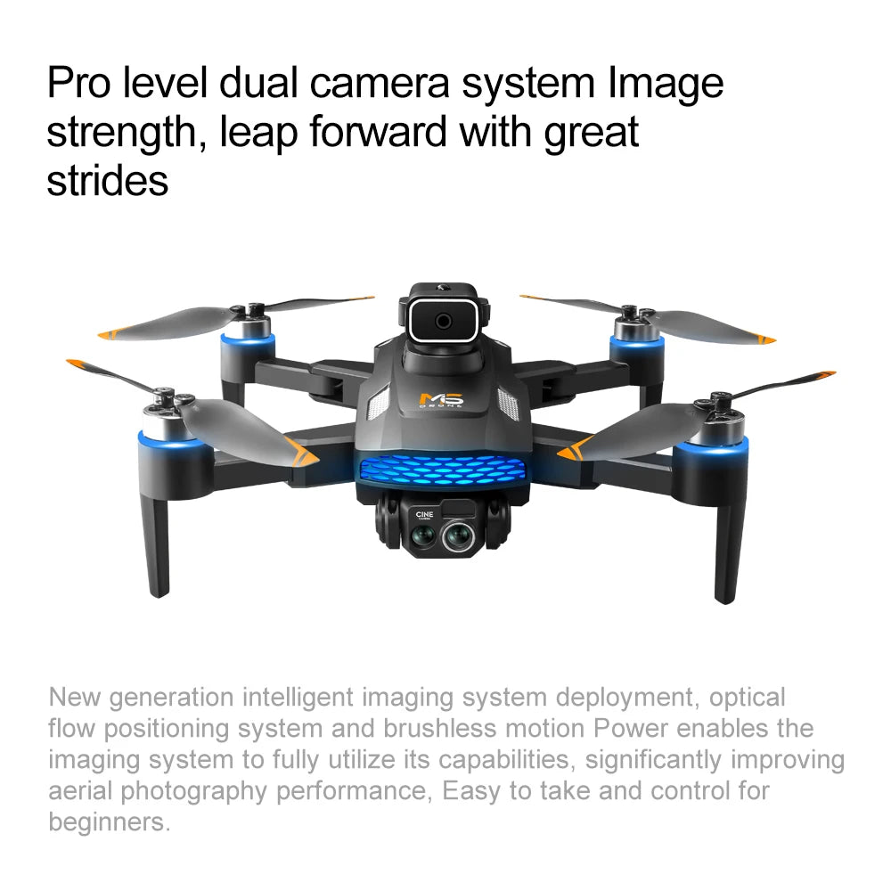 Black quadcopter drone with dual cameras, blue LED accents, and four propellers, designed for aerial photography.