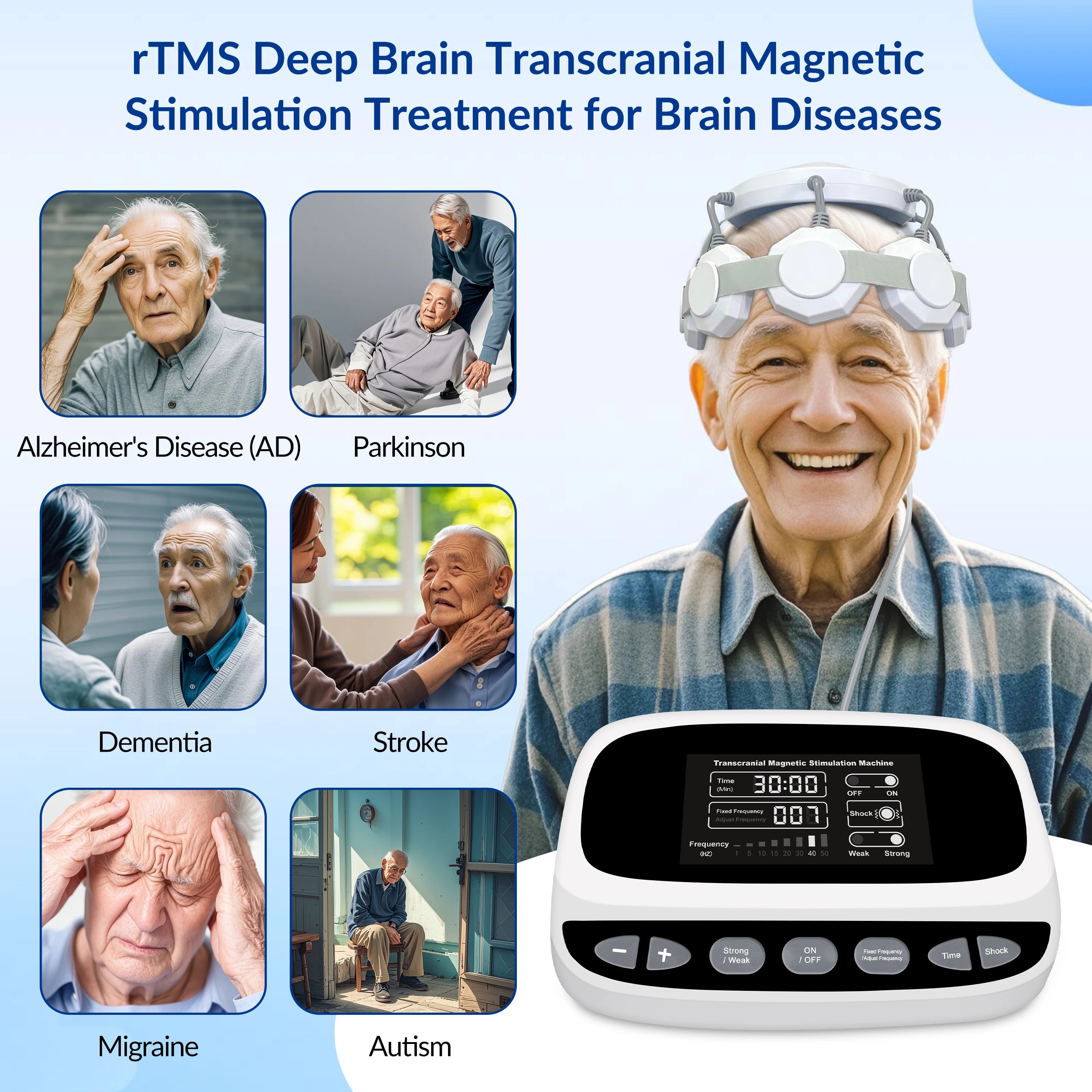 Frovab rTMS brain stimulation machine with white headset and digital control panel for home and clinical therapy.