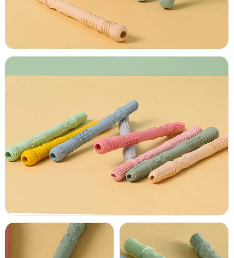 Newborn Hollow Teething Tube Baby Silicone Teether Stick Biting Chewing Straws Nursing Soother Molar Toy Gift for Infants