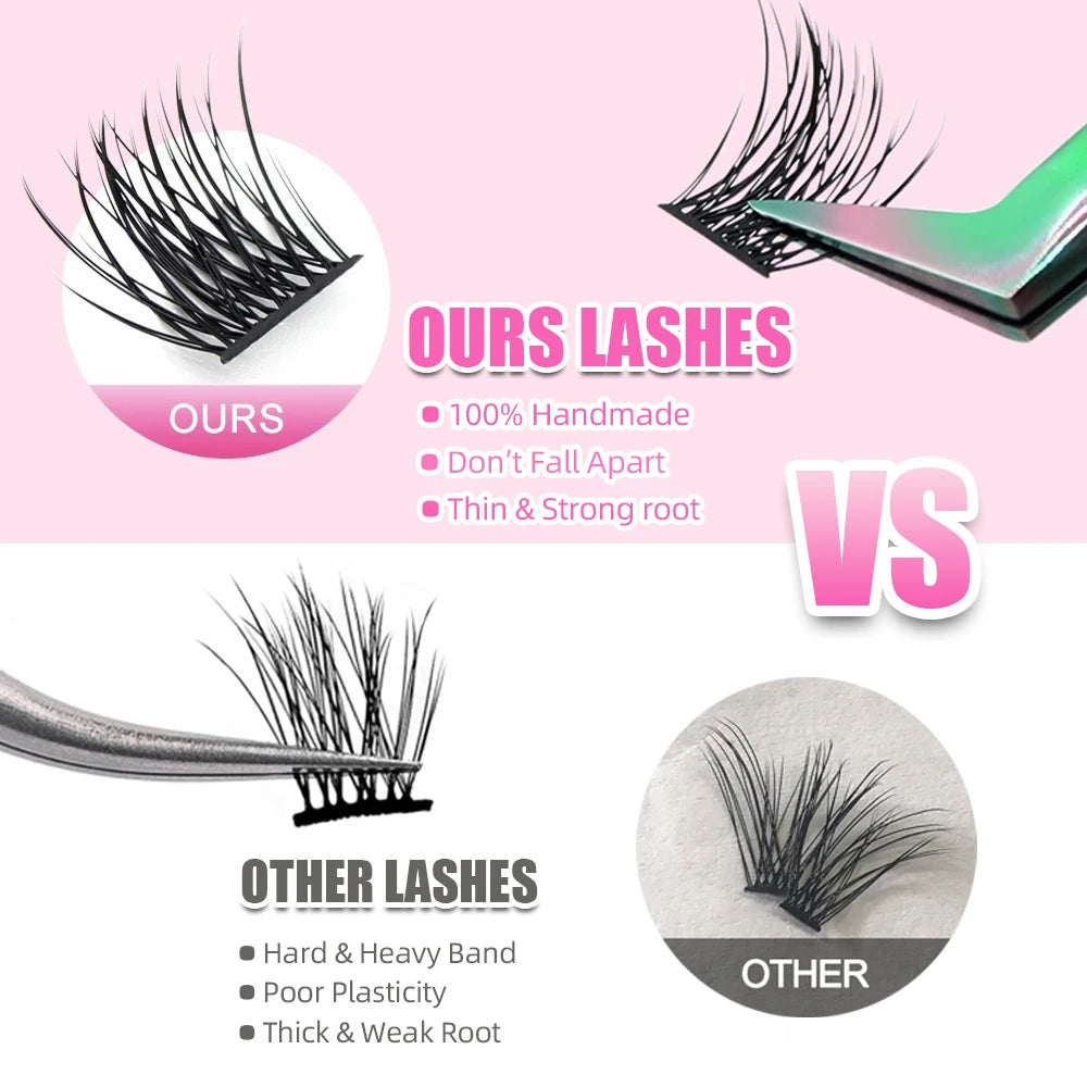 Comparison of black cluster false eyelashes showing thin, durable roots versus thick, weak quality alternatives.