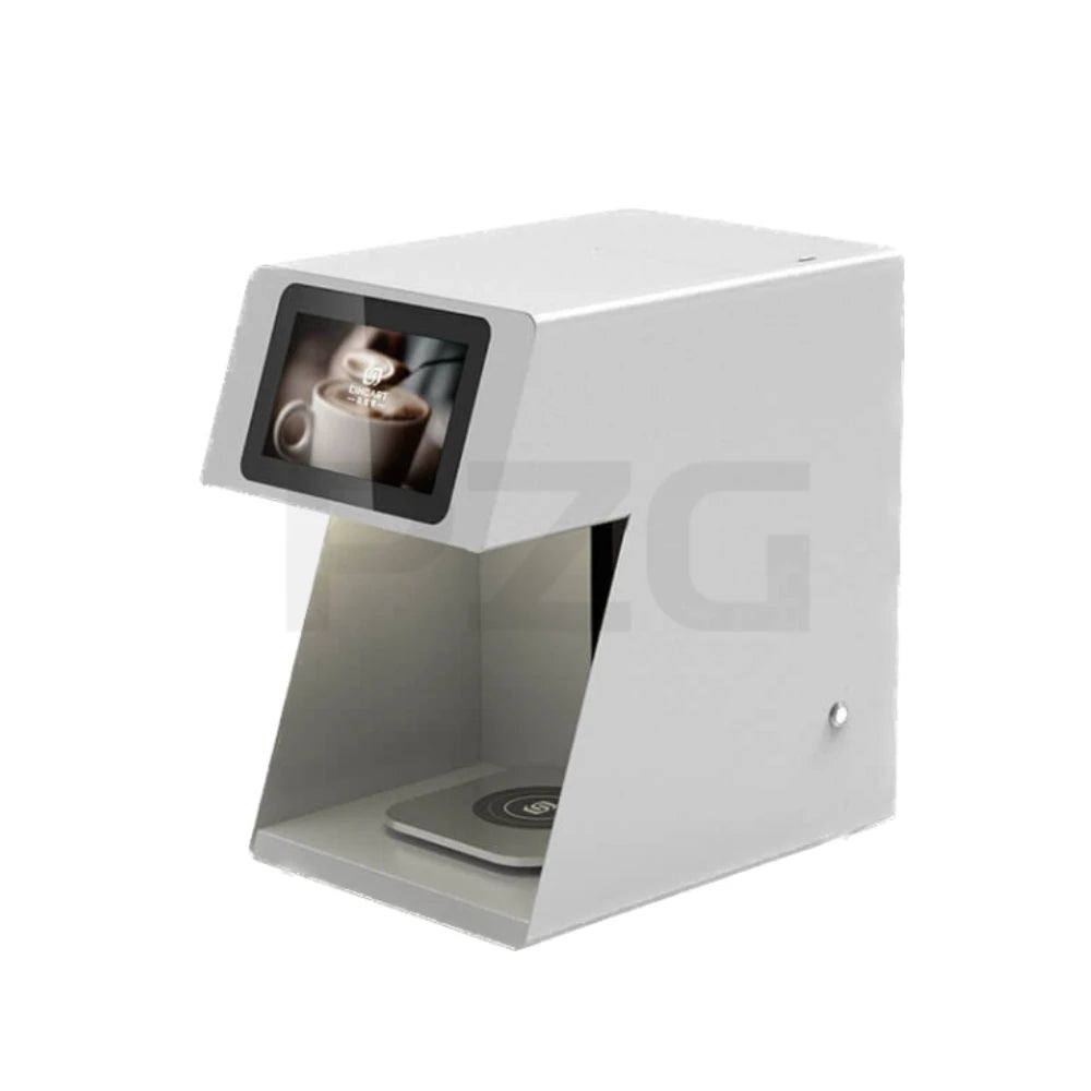 White digital coffee foam art printer with touchscreen display for commercial beverage decoration.