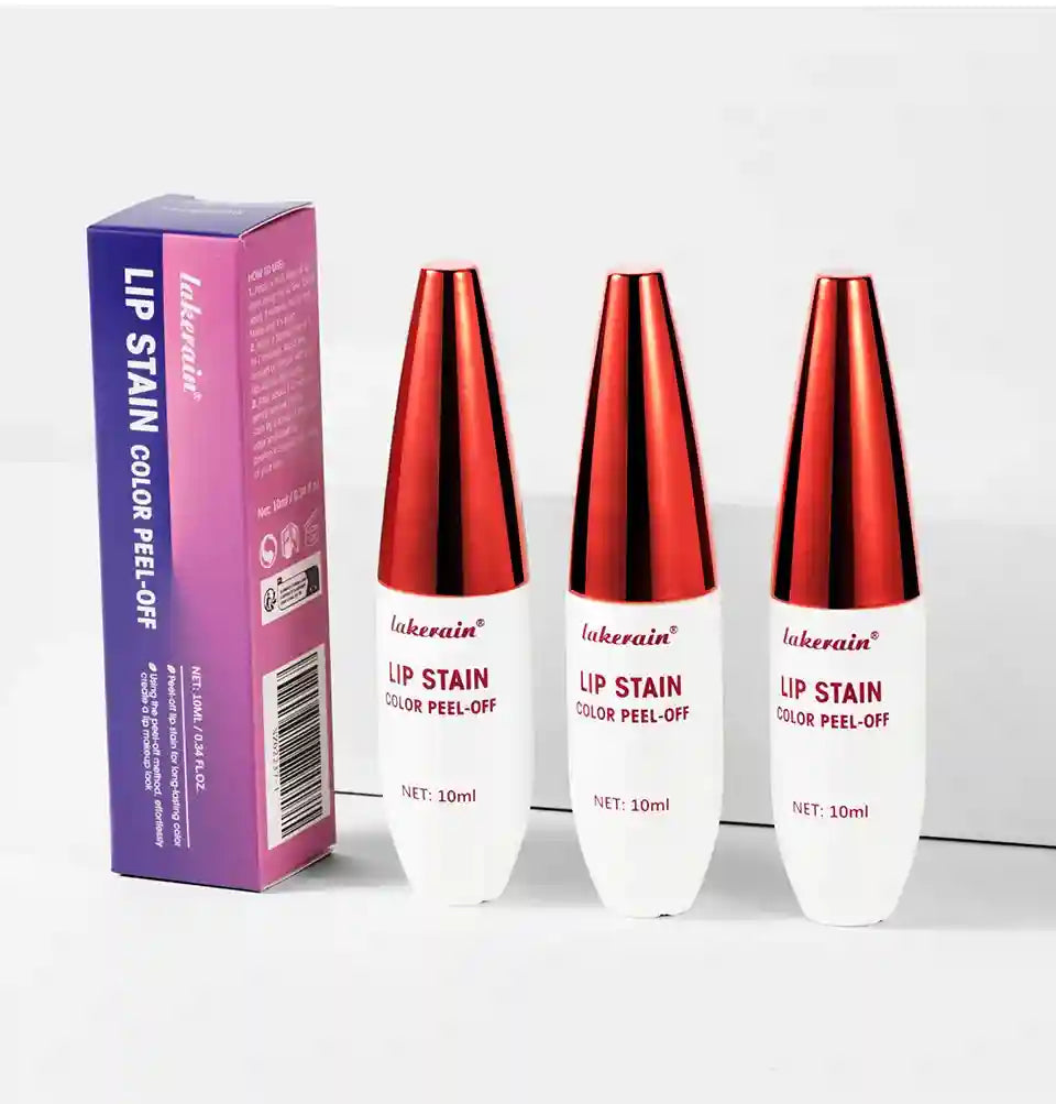 Three Lakerain peel-off waterproof lip stain tubes with red caps and matte finish packaging for long-lasting color.