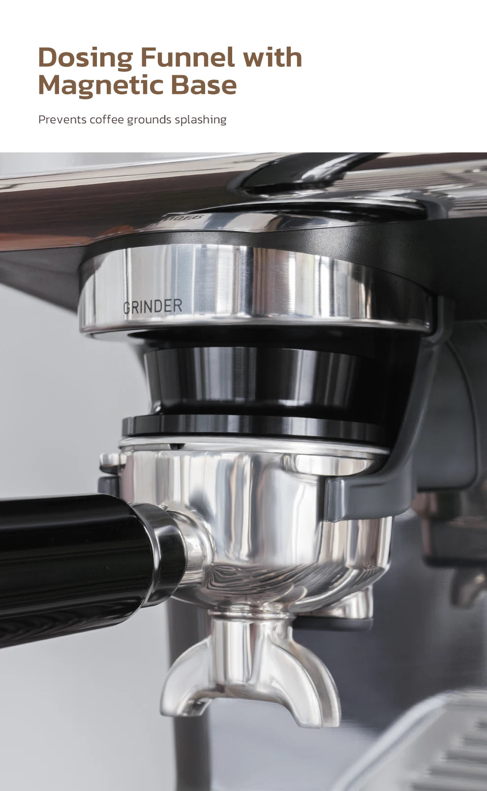 Black magnetic espresso dosing funnel attached to a stainless steel portafilter on a coffee grinder machine.