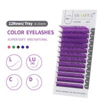 Tray of 12 rows of purple individual synthetic eyelash extensions for professional salon application.