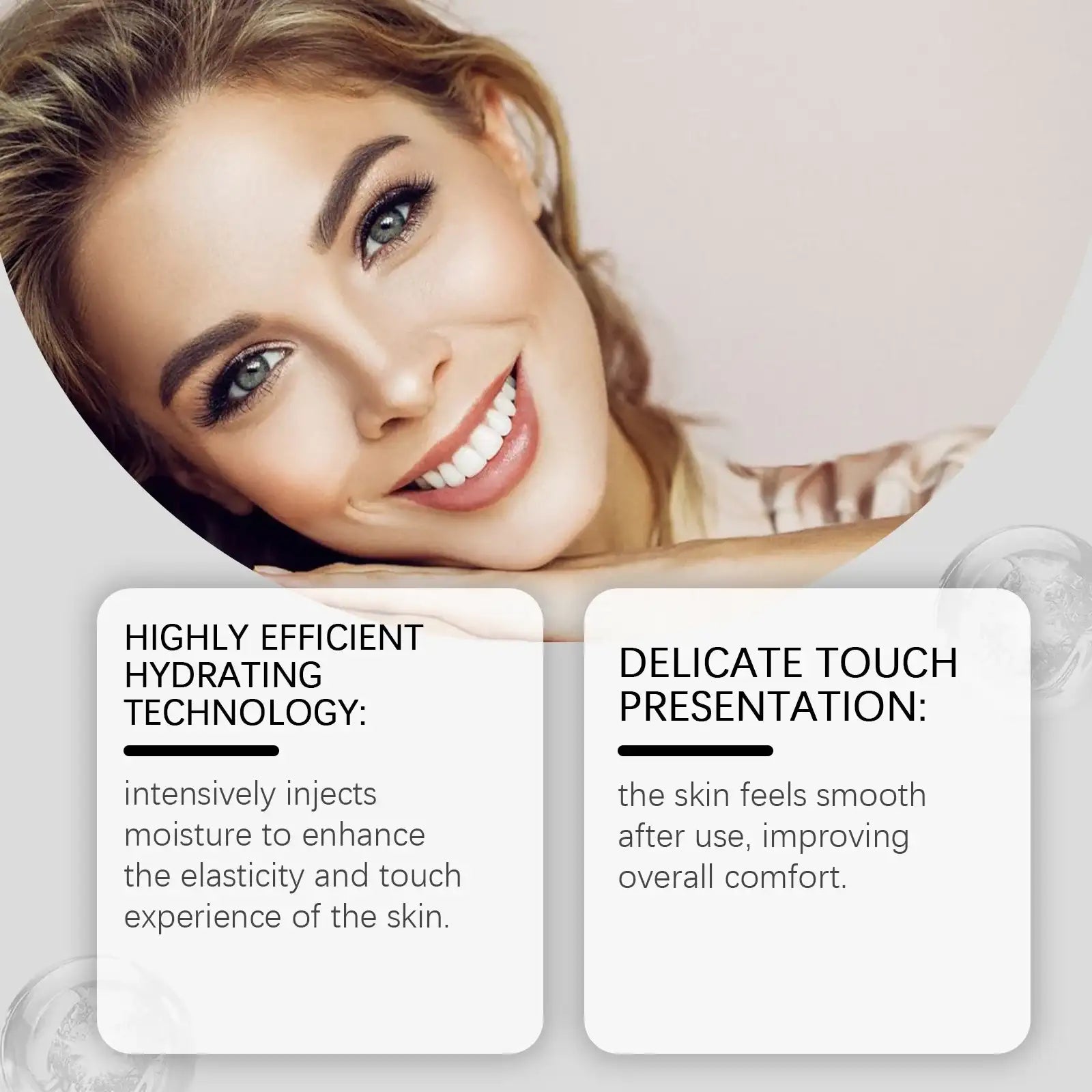 Smiling woman with smooth, radiant skin, promoting Hyaluronic Acid anti-wrinkle essence set benefits.