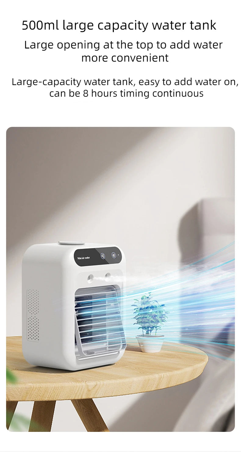 Tidesmit portable mini air cooler with water tank and 1800mAh battery for desktop cooling, side angle view.