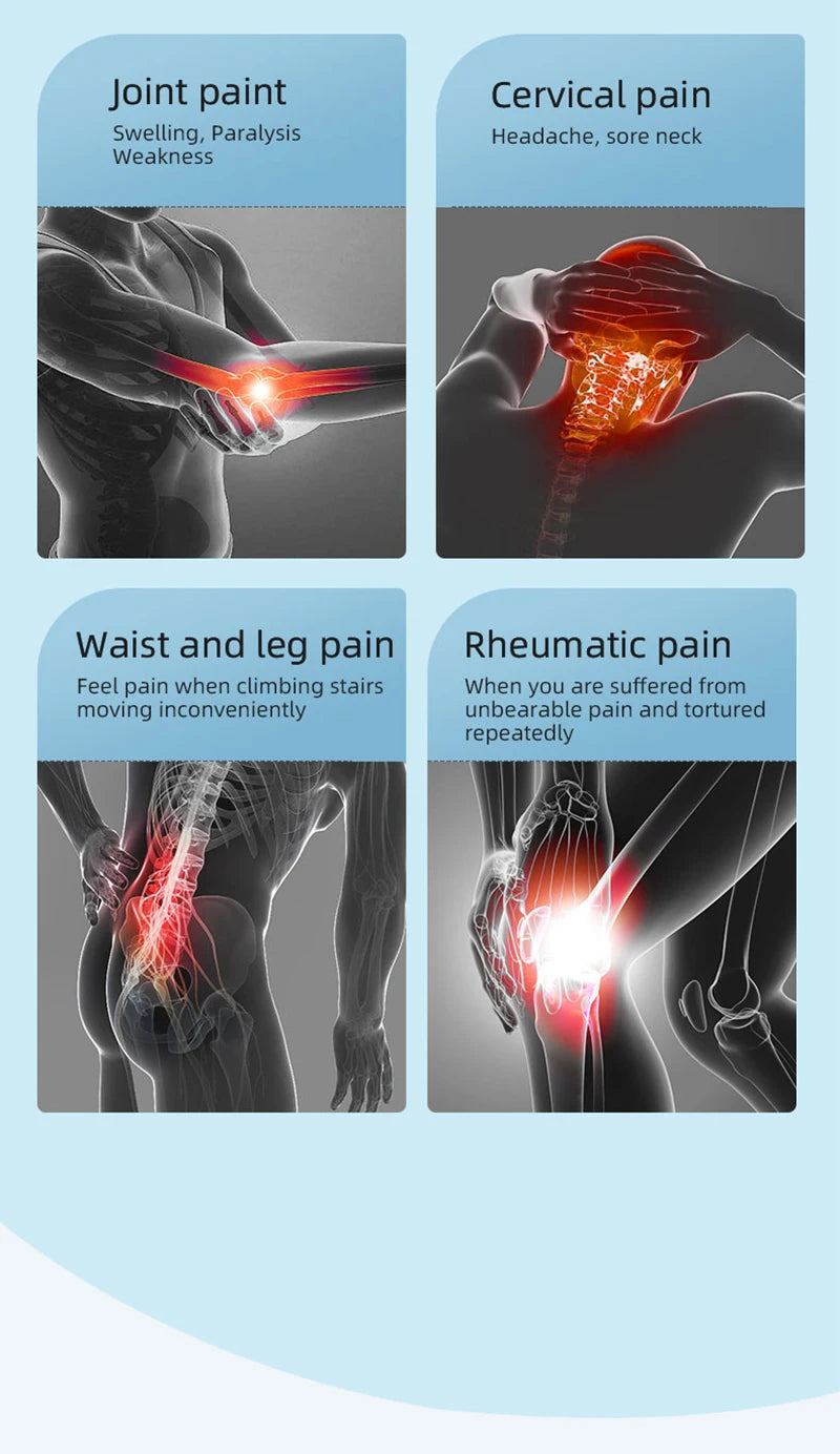 Infographic showing anatomical pain relief for joints, neck, back, and arthritis using infrared cold laser therapy.