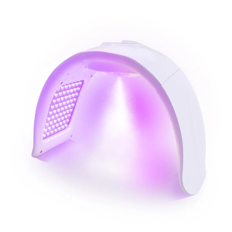 White arched LED light therapy lamp with purple glow, used for facial skin rejuvenation and acne treatment.