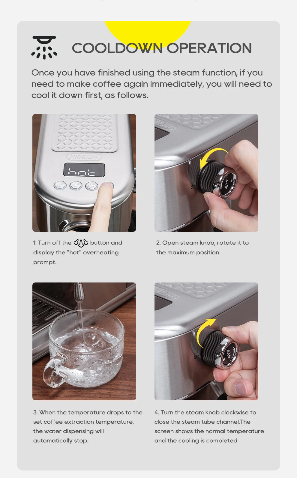 Hibrew stainless steel espresso machine cooldown operation guide with step-by-step instructions and control knob.