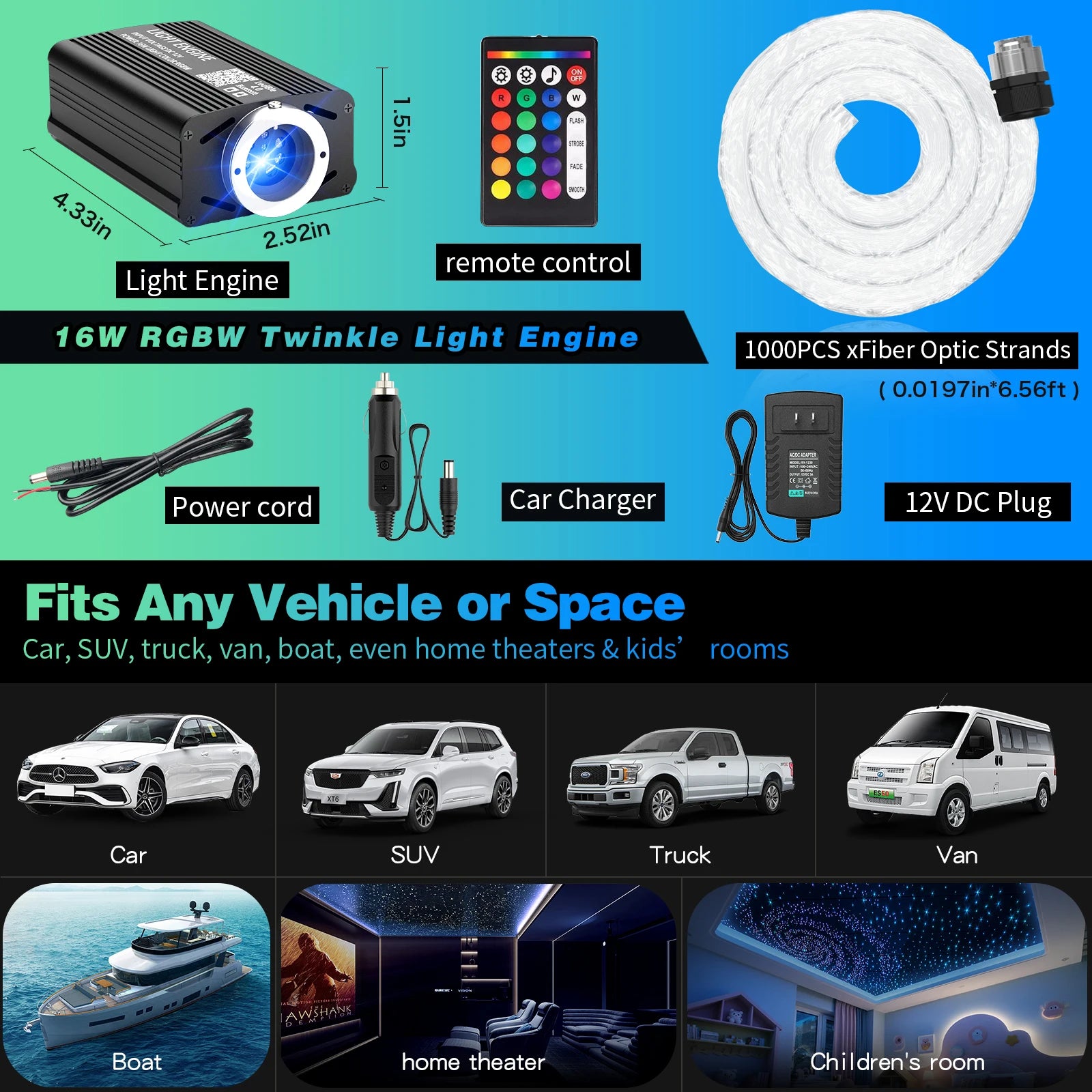 Car Starry Sky Light Kit 16W RGB - DIY Fiber Optic Ceiling Lamp Tidesmit