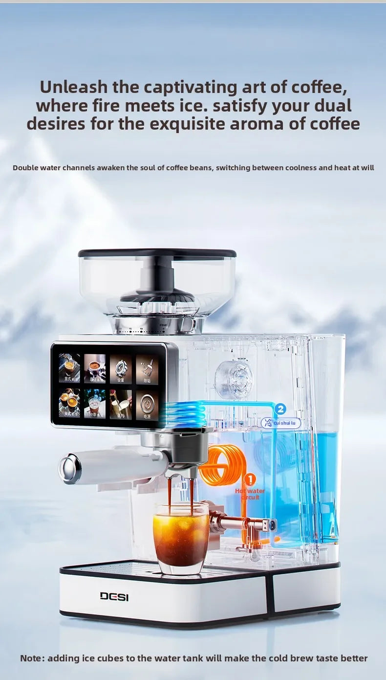 DESI white and transparent dual-circuit espresso machine with touchscreen display for hot and iced coffee brewing.