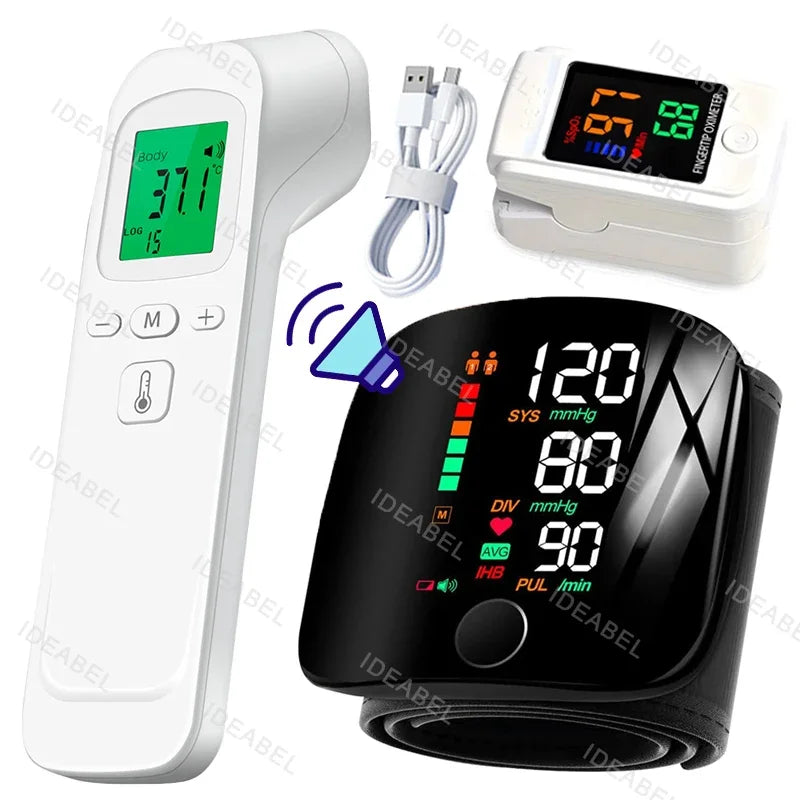 New LED Wrist Blood Pressure Monitor English Voice Broadcast Sphygmomanometer Tonometer BP Monitor Forehead Digital Thermometer