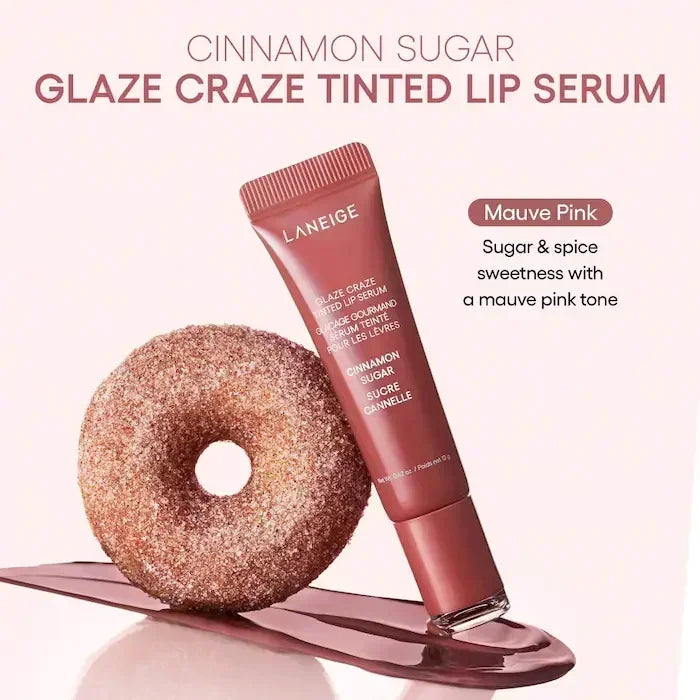Laneige Glaze Craze Cinnamon Sugar mauve pink tinted lip serum tube with a sugary donut and glossy product swatch.