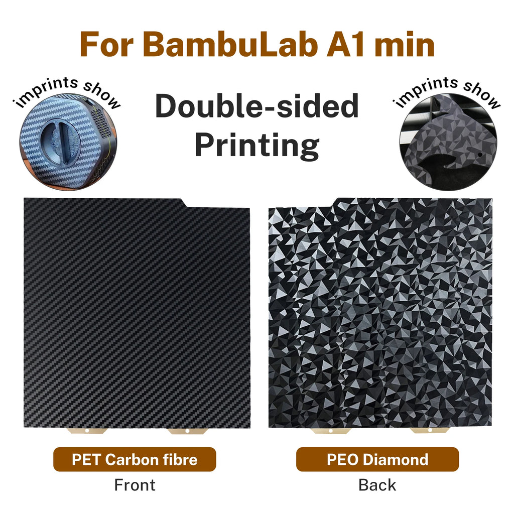 Double-sided 184x184mm build plate for Bambu Lab A1 Mini featuring PET carbon fiber and PEO diamond textures for 3D prints.