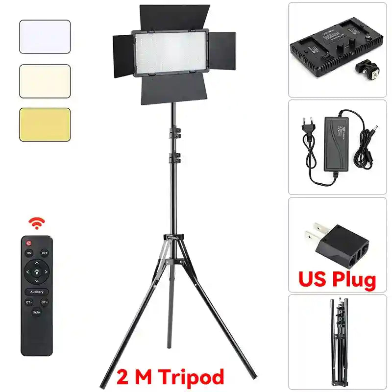 LED video light panel with adjustable barn doors, 2m tripod stand, remote control, and US power adapter.