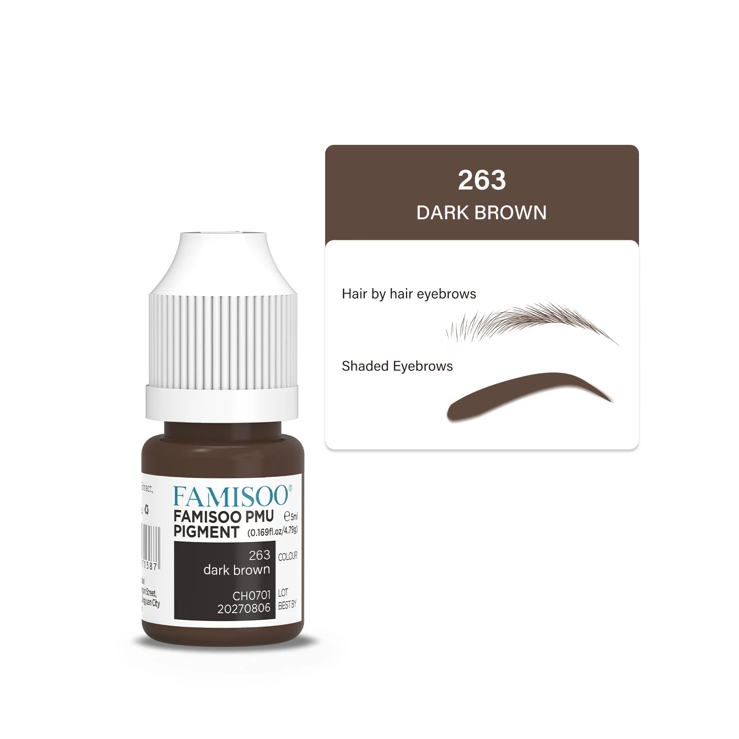 Dark brown PMU pigment bottle (5ml) for hair-stroke and shaded eyebrow tattooing.