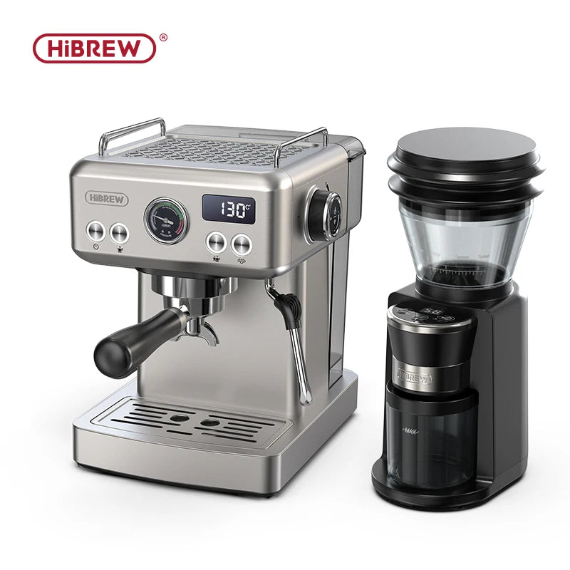 HiBREW stainless steel espresso machine with digital display, pressure gauge, and matching black coffee bean grinder.