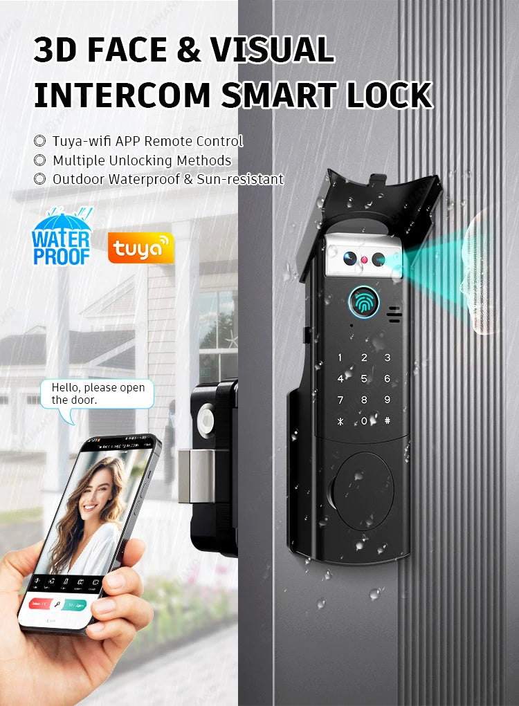 Tuya WiFi APP 3D Face Recognition Fingerprint Smart Lock Waterproof Gate Iron Door RFID Digital Face Recognition Lock For home